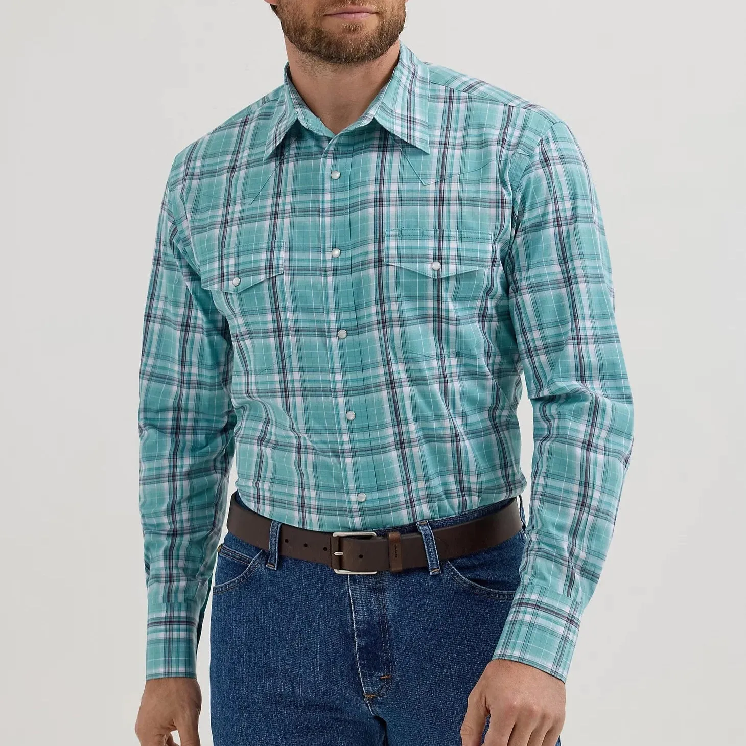 Wrangler Men's Wrinkle Resist L/S Plaid Western Snap Shirt in Mint Chilly Weather Style