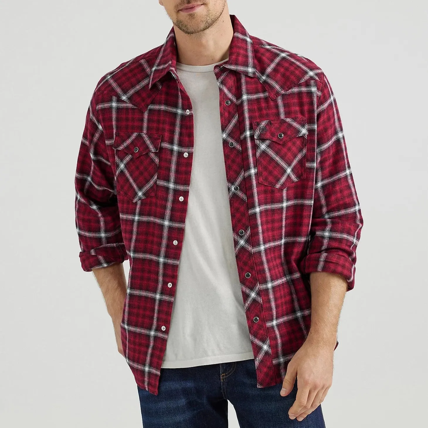 Kids playfulness Wrangler Retro Men's L/S Flannel Western Snap Shirt in Berry Red Plaid