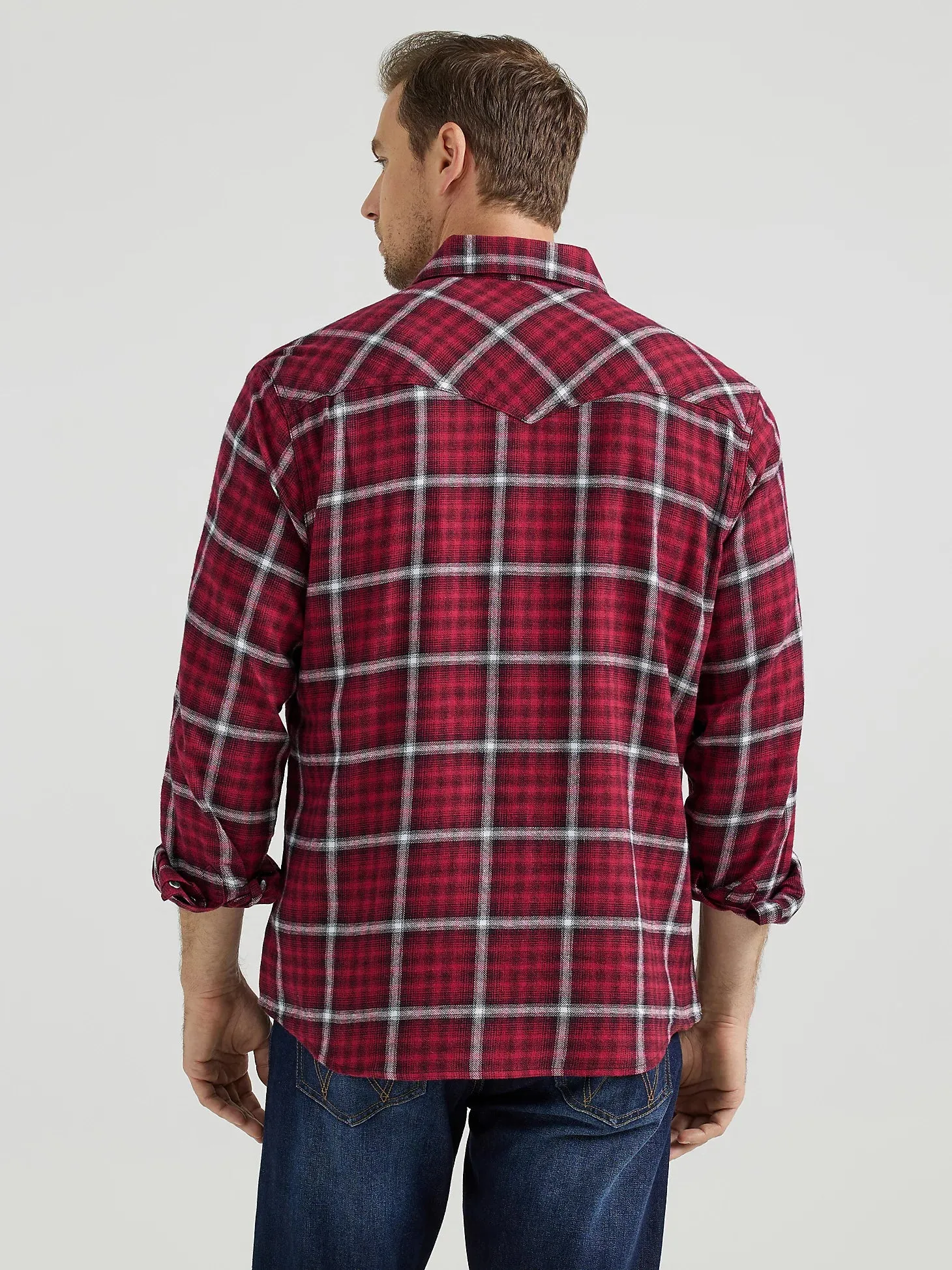 Wrangler Retro Men's L/S Flannel Western Snap Shirt in Berry Red Plaid Ribbed Collar Design