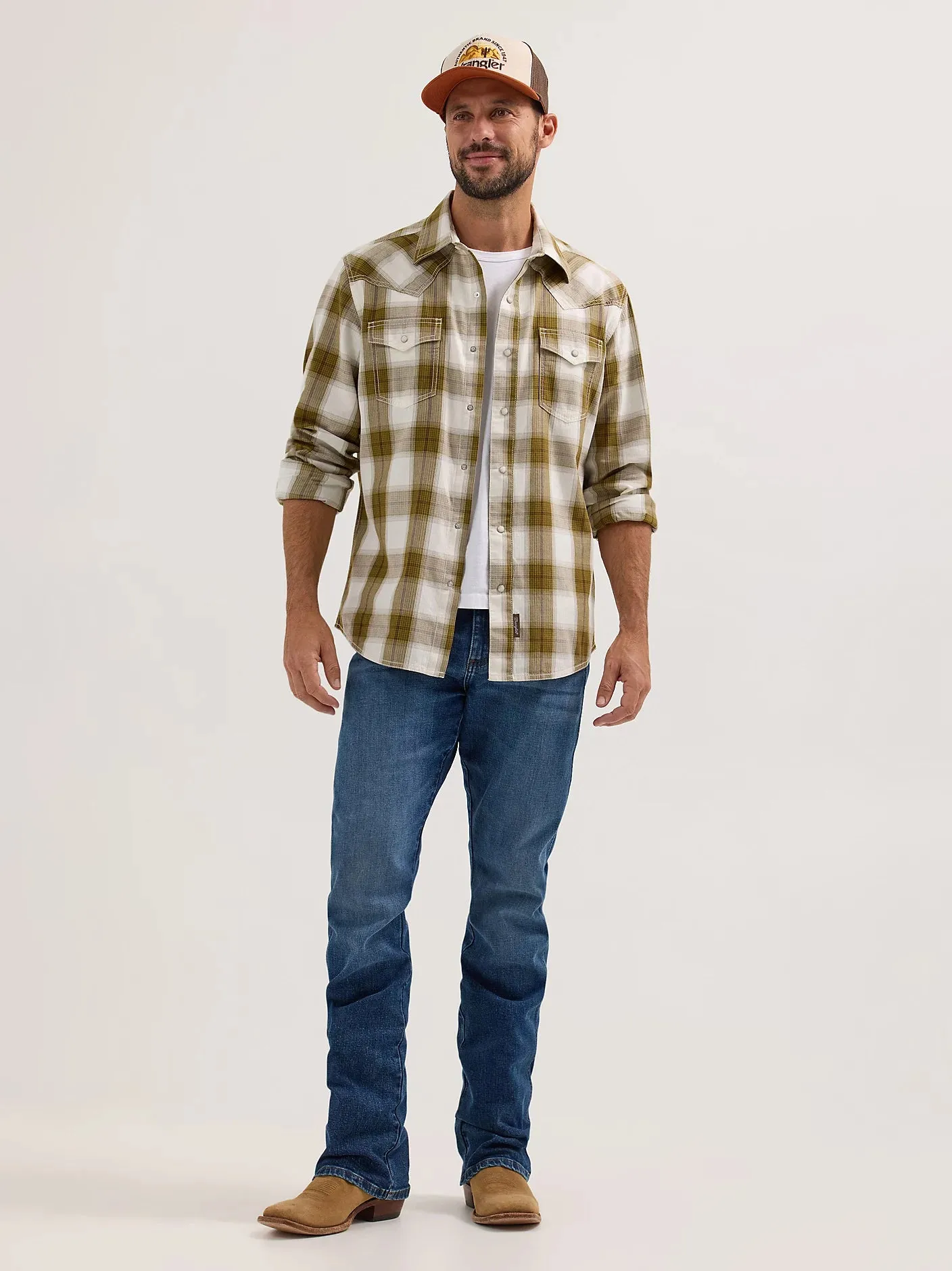 Wrangler Retro Men's L/S Premium Plaid Western Snap Shirt in Olive Non Toxic Materials Feminine Touch