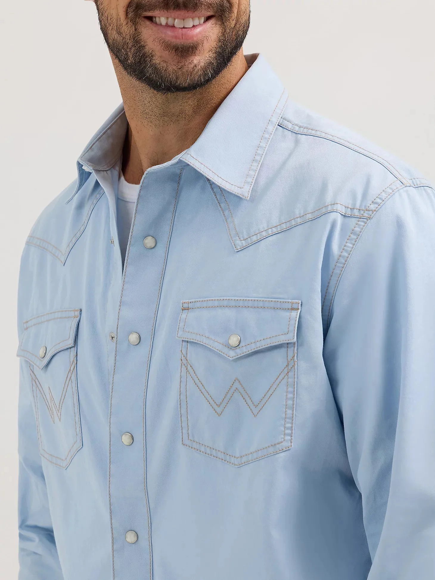 Bold colors Wrangler Retro Men's L/S Premium Western Snap Shirt in Ice Blue (Available in Tall Sizes)