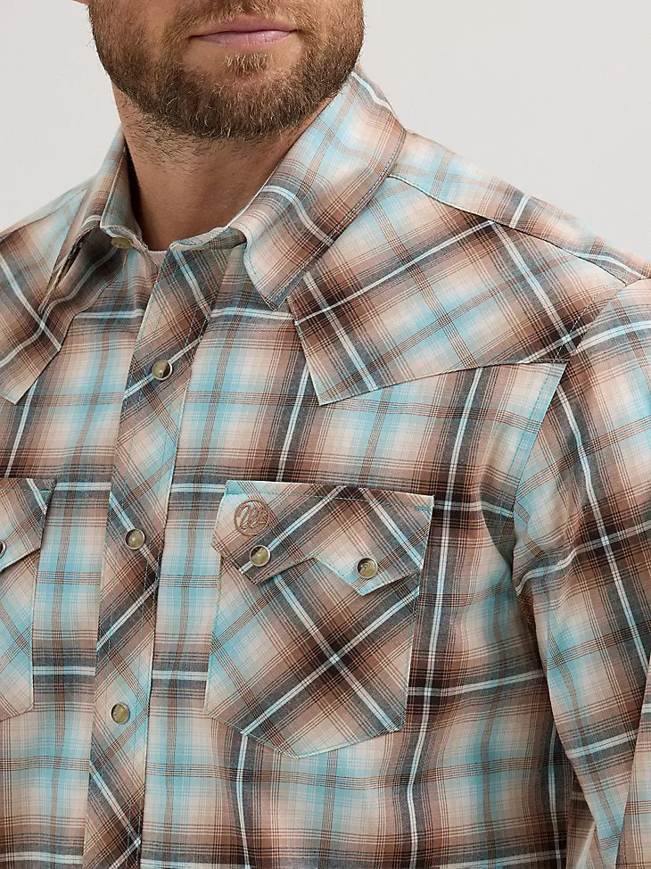 Casual Design Fit Urban Style Trend Wrangler Retro Men's L/S Sawtooth Pocket Plaid Western Snap Shirt in Tannin Plaid (Available in Tall Sizes)