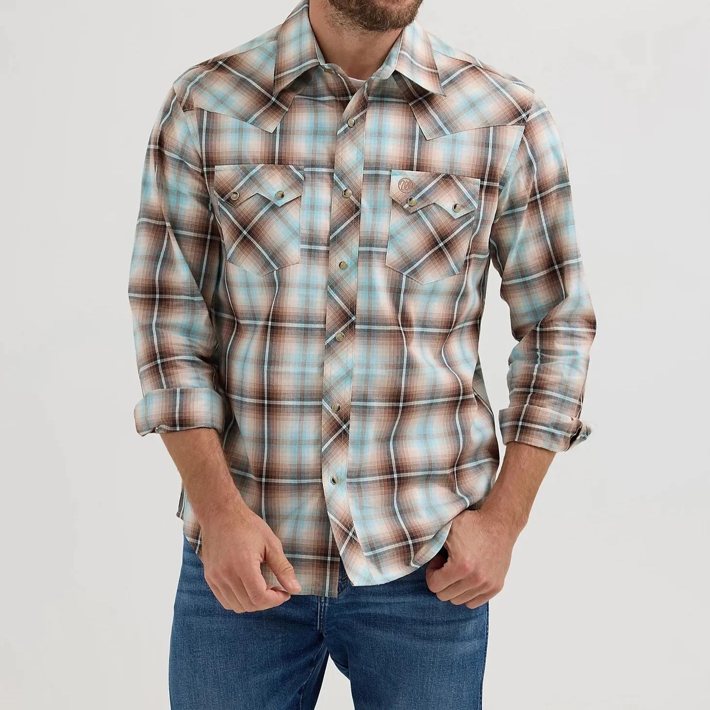 Wrangler Retro Men's L/S Sawtooth Pocket Plaid Western Snap Shirt in Tannin Plaid (Available in Tall Sizes) Feminine Fit Anti Odor Treatment