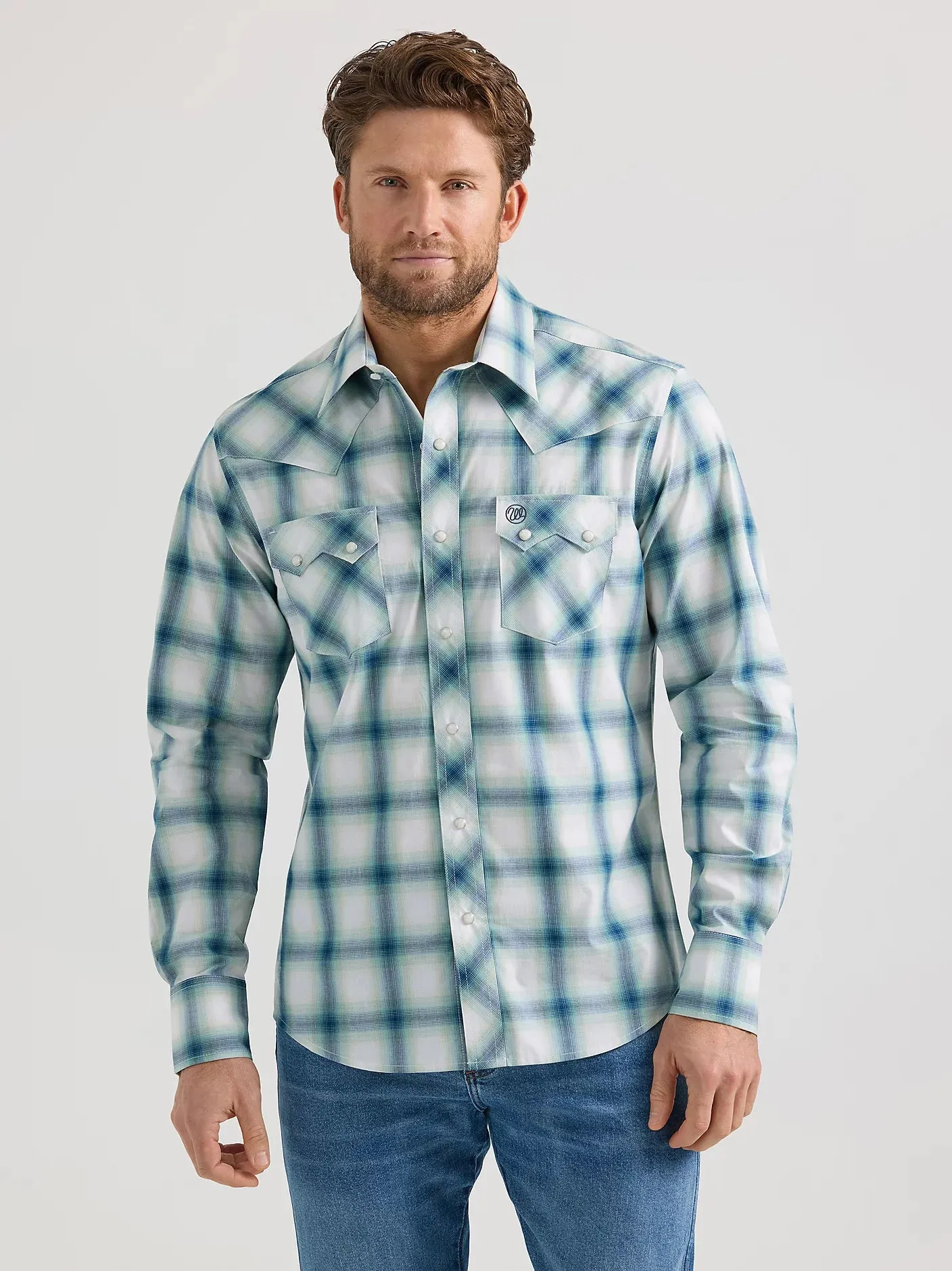 Wrangler Retro Men's L/S Sawtooth Pocket Plaid Western Snap Shirt in Teal Blur Everyday Essential