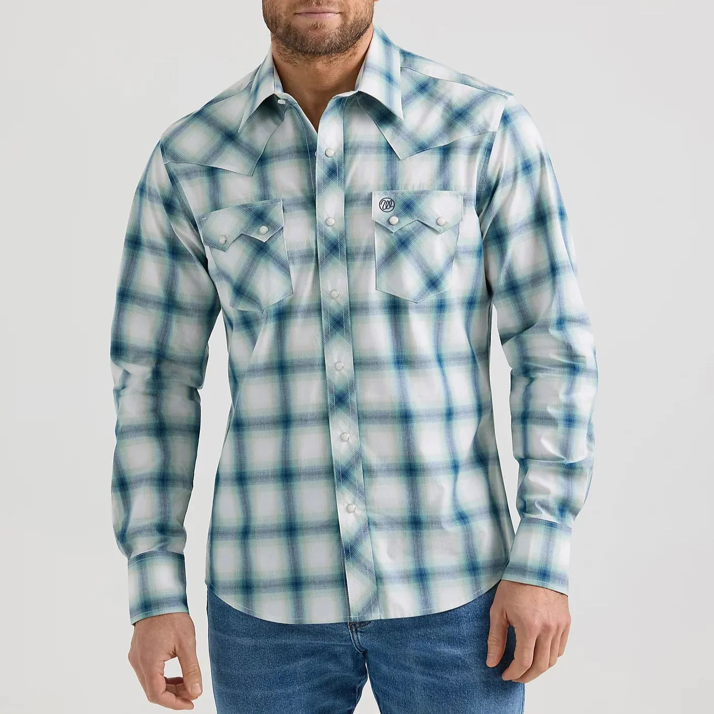 casual top Wrangler Retro Men's L/S Sawtooth Pocket Plaid Western Snap Shirt in Teal Blur