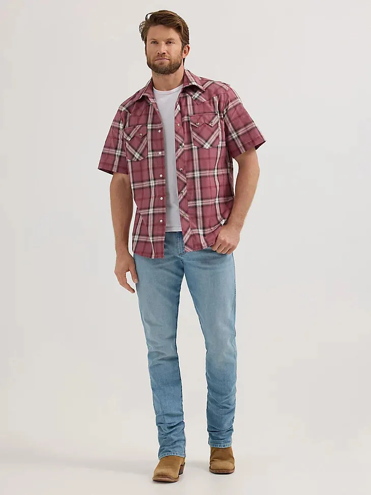 Wrangler Retro Men's S/S Sawtooth Pocket Plaid Western Snap Shirt in Dark Rose Comfy Vibe spring fashion