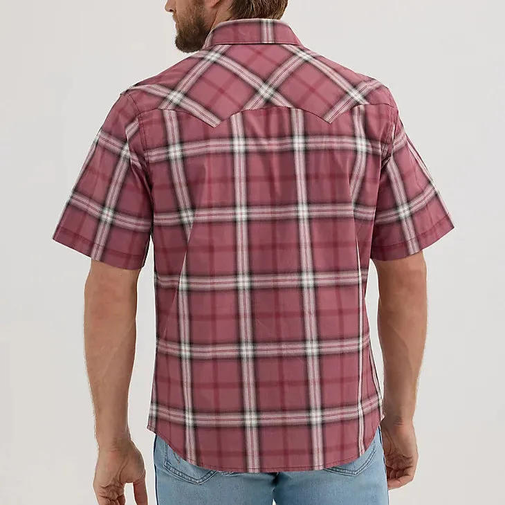 sequined details Wrangler Retro Men's S/S Sawtooth Pocket Plaid Western Snap Shirt in Dark Rose