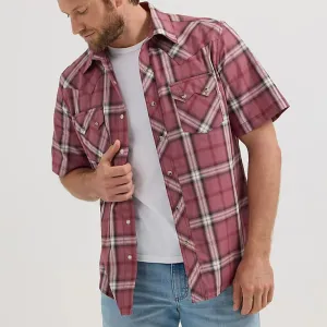 Ethically Sourced Cotton Wrangler Retro Men's S/S Sawtooth Pocket Plaid Western Snap Shirt in Dark Rose