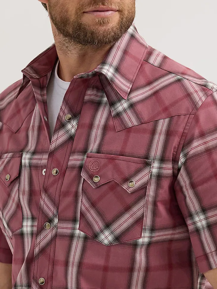 Wrangler Retro Men's S/S Sawtooth Pocket Plaid Western Snap Shirt in Dark Rose Chill Design Seasonal Staple