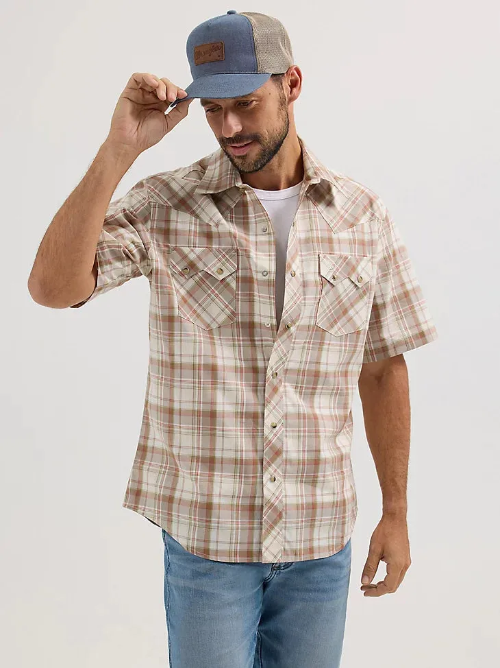 Wrangler Retro Men's S/S Sawtooth Pocket Plaid Western Snap Shirt in Wheat Brown BioBased Fibers Minimal Style Trend