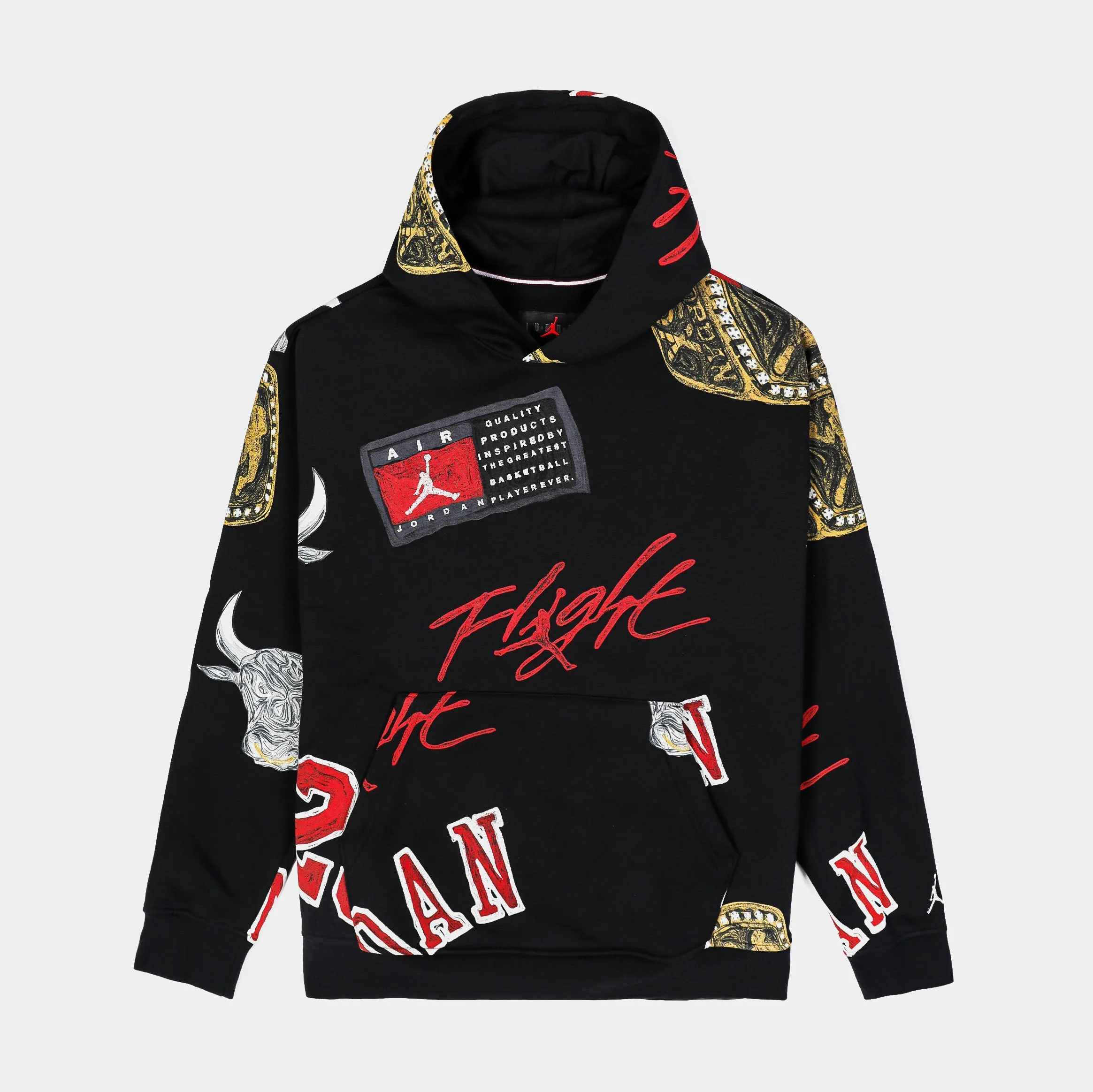 Core Chic Shrink resistant Brooklyn Fleece All Over Print Mens Pullover Hoodie (Black/Red)