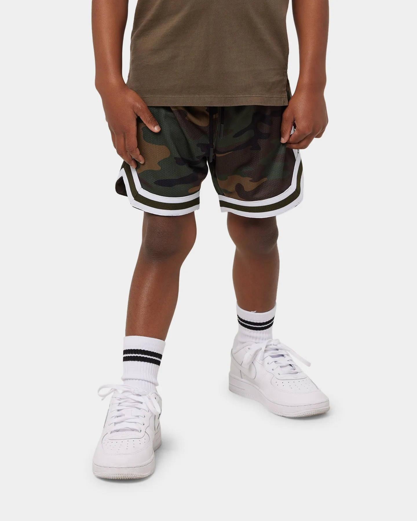 EN ES Kid's Mini Basketball Short Camo Reinforced Seams