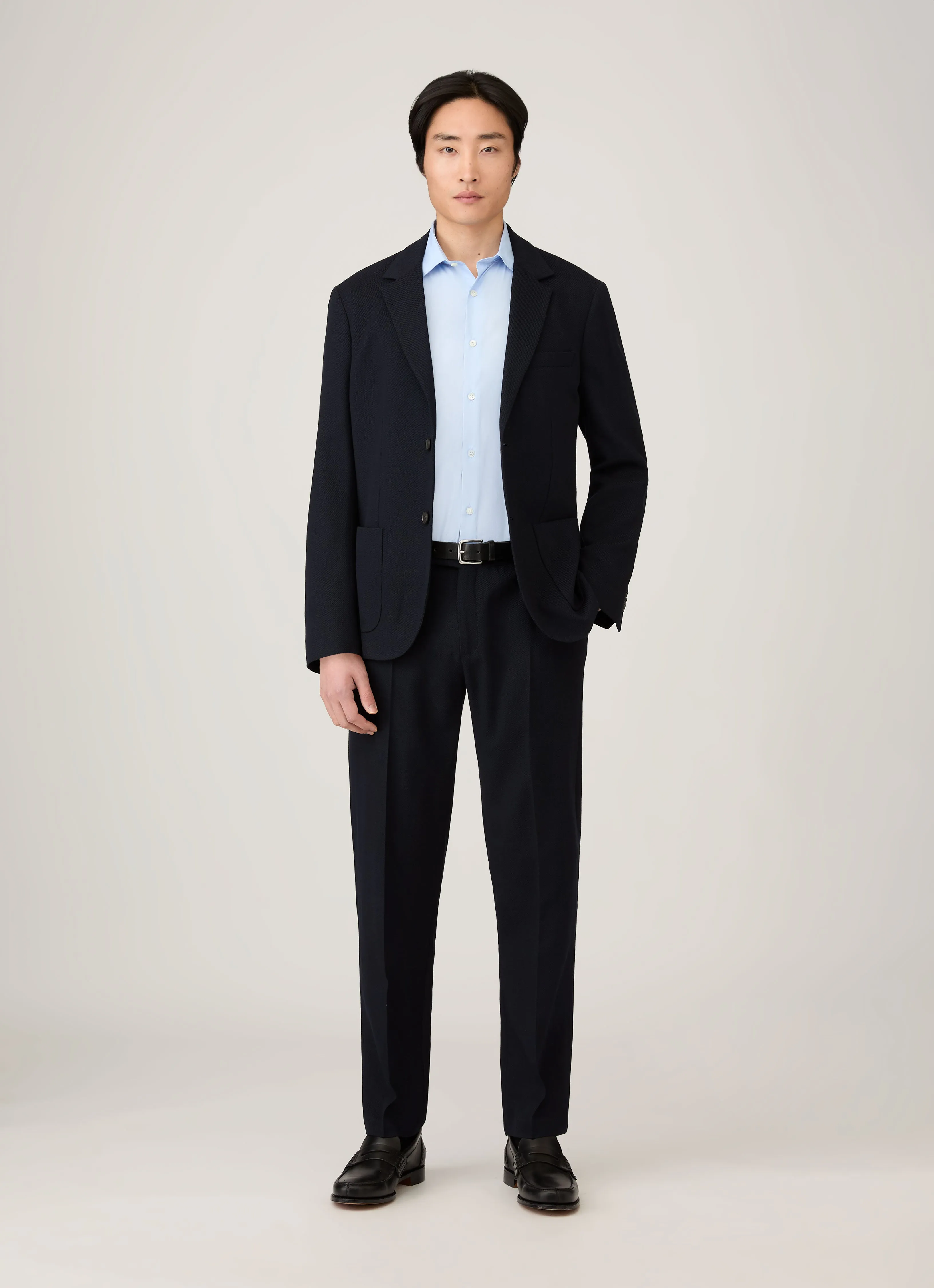 Men's Textured Wool Blazer in Navy Seam Sealed Modular Attachment Loops
