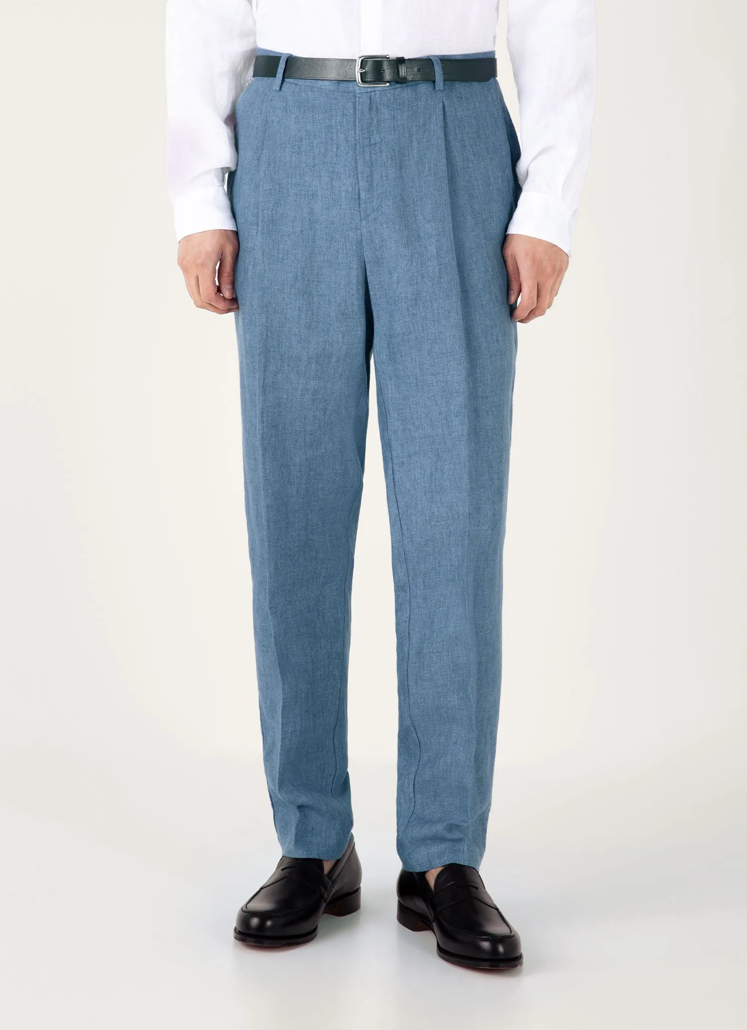 Men's Pleated Linen Trouser in Soft Denim Melange Adaptive Fit