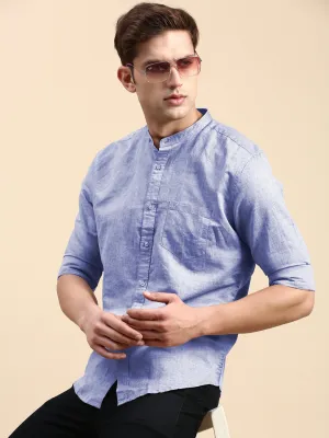 Men's Blue Mandarin Collar Slim Fit Shirt Wide Glow