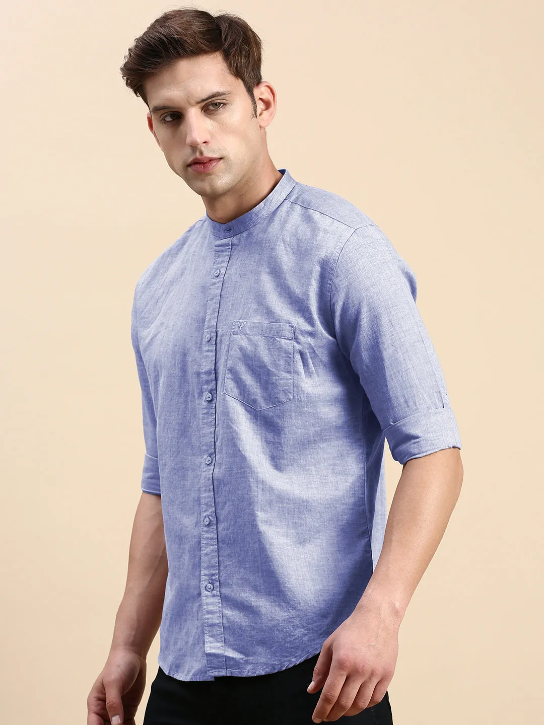 TearResistantMaterial Student Cool Men's Blue Mandarin Collar Slim Fit Shirt