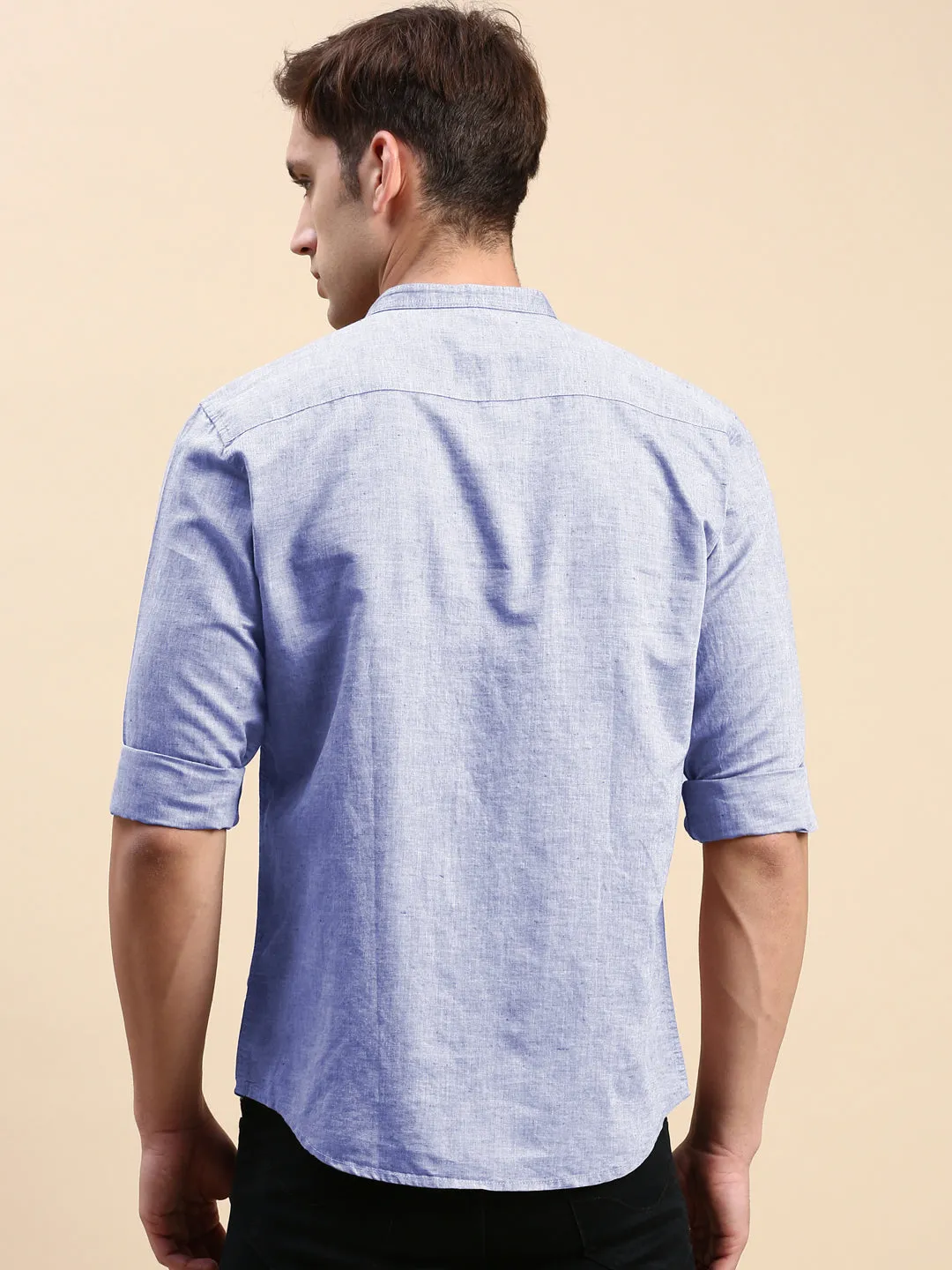 Men's Blue Mandarin Collar Slim Fit Shirt Tagless Design