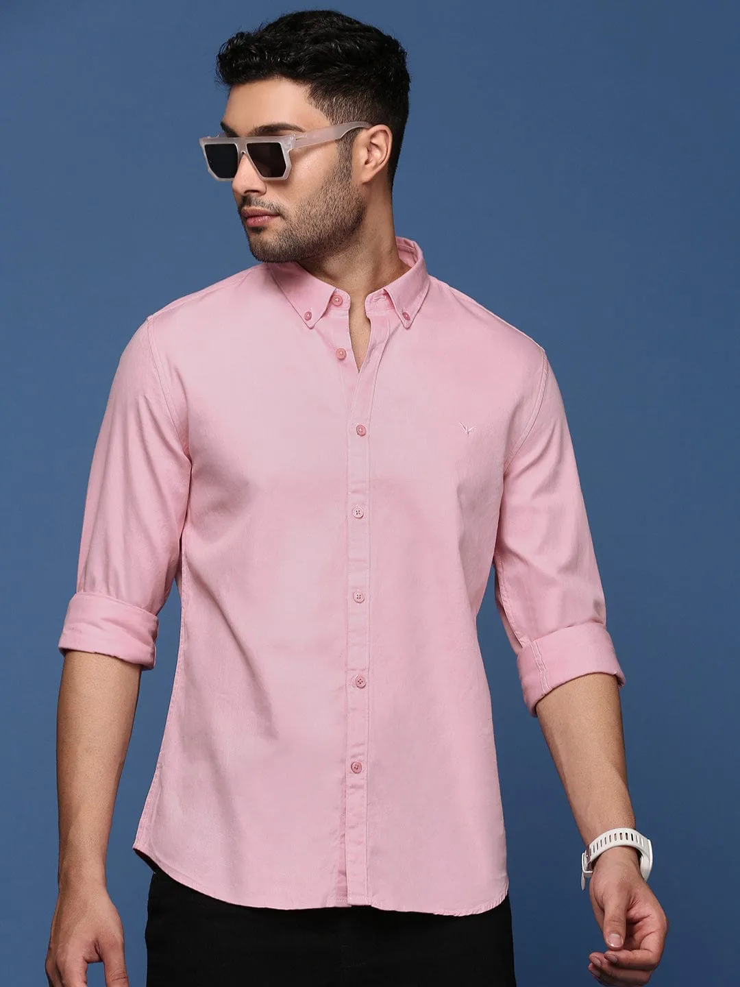 StainReleaseCoating Men's Pink Solid Cotton Standard Slim Fit Casual Shirt