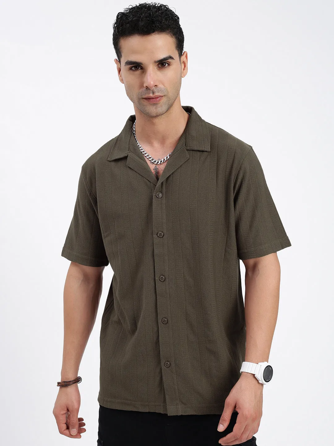 Men's Olive Standard Cuban Collar Textured Cotton Relaxed Fit Casual Shirt Relaxed Wear