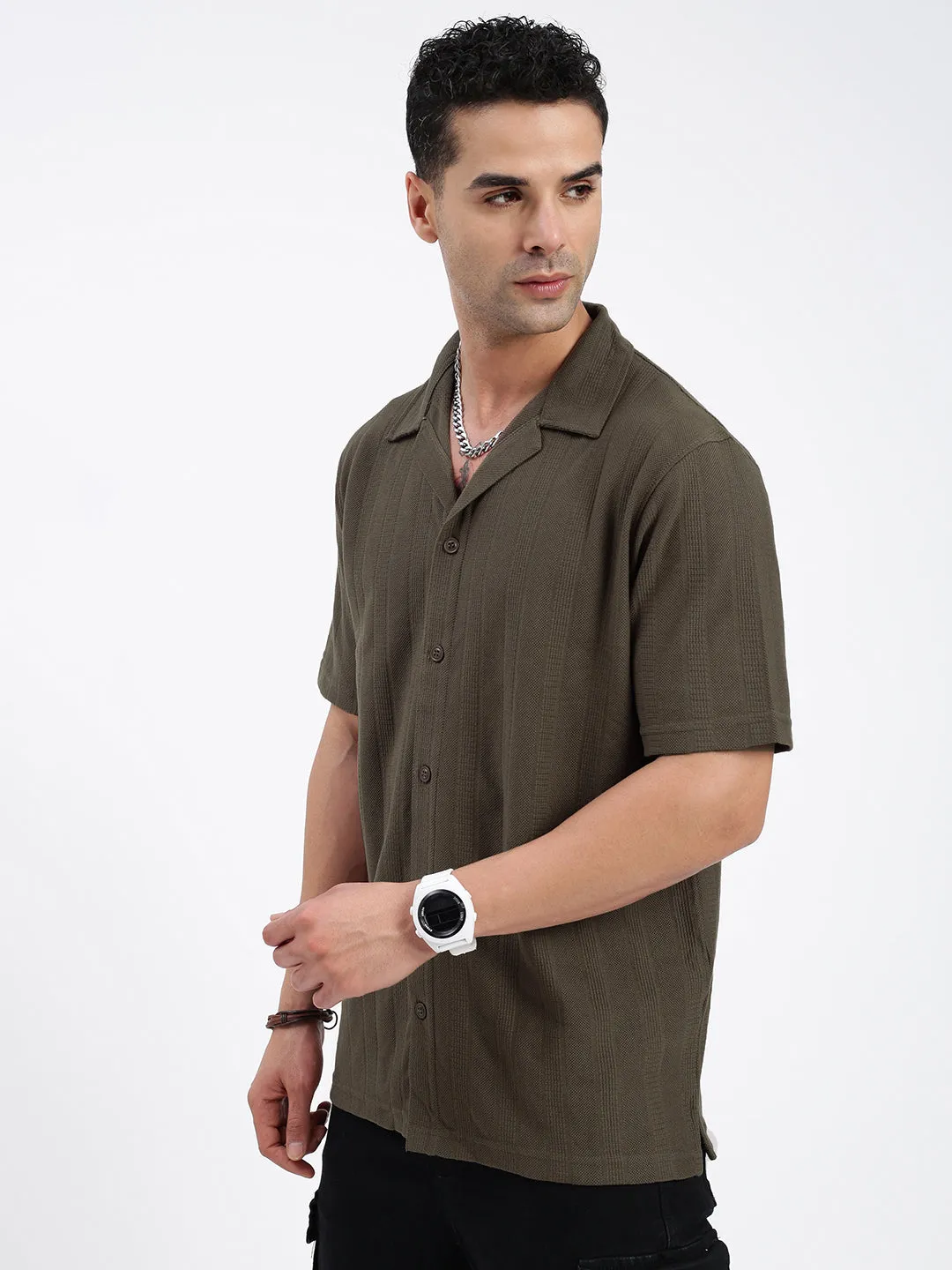 Men's Olive Standard Cuban Collar Textured Cotton Relaxed Fit Casual Shirt Comfort Fit StretchPaneling