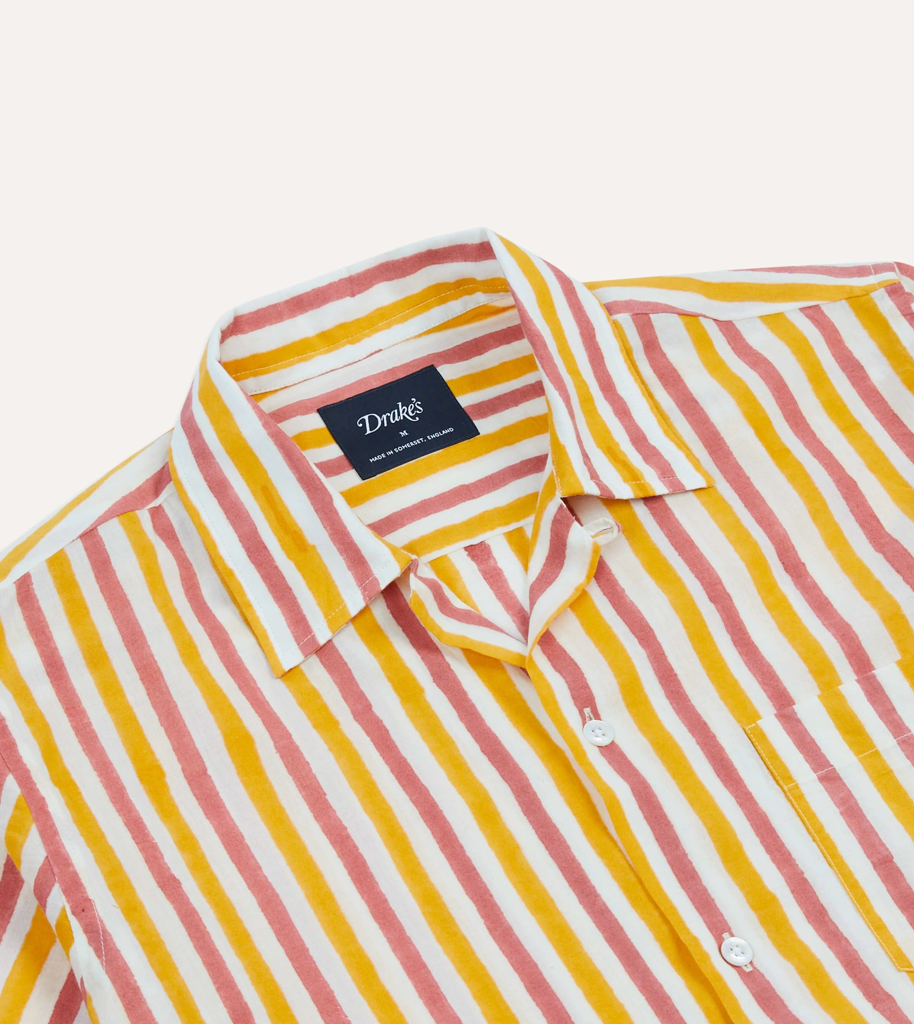 Sleek Waistband Comfortable And Trendy Yellow and Pink Stripe Block Print Cotton Camp Collar Short Sleeve Shirt