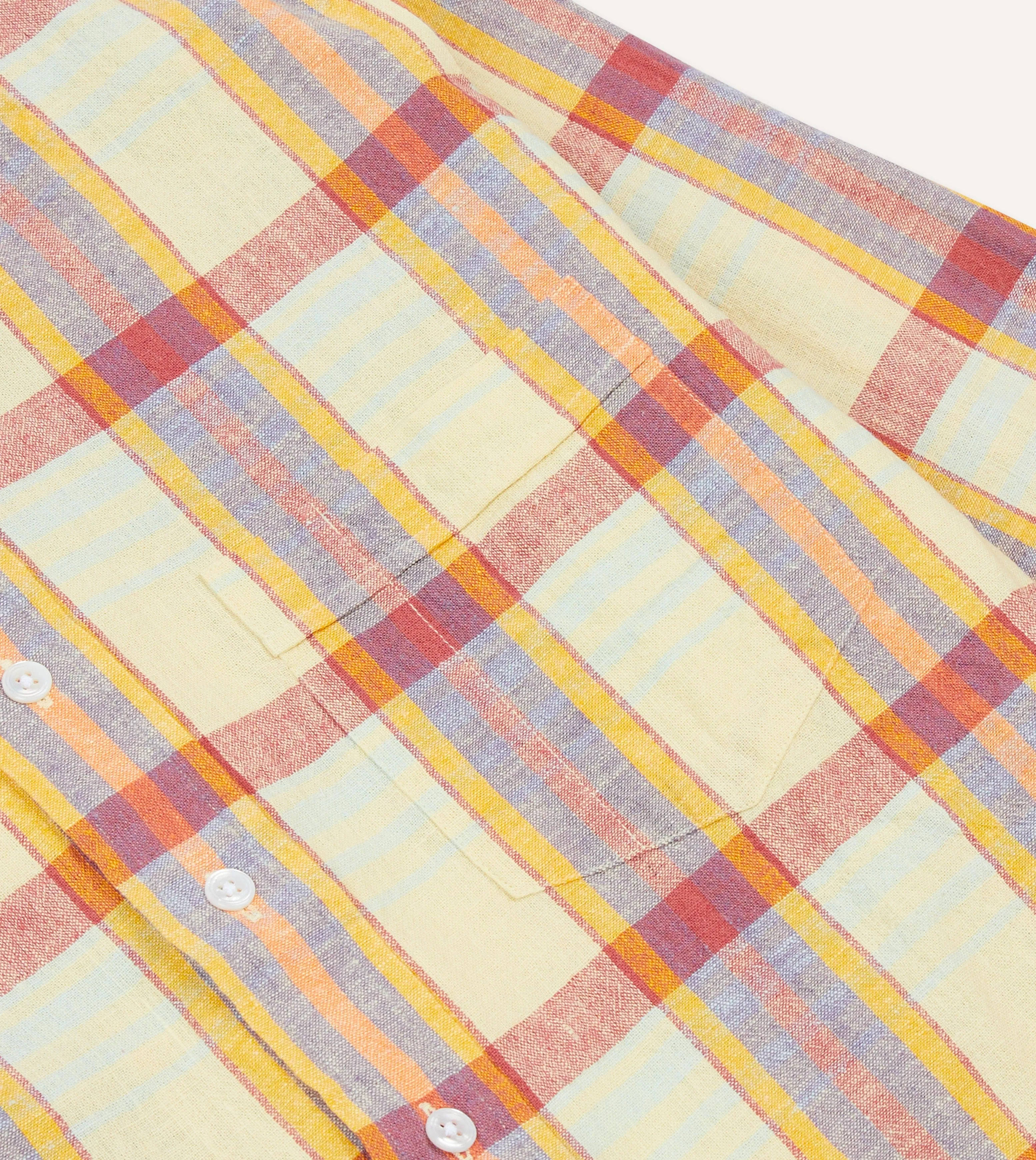 Easy-to-Style Top Yellow and Red Madras Check Cotton-Linen Button-Down Shirt