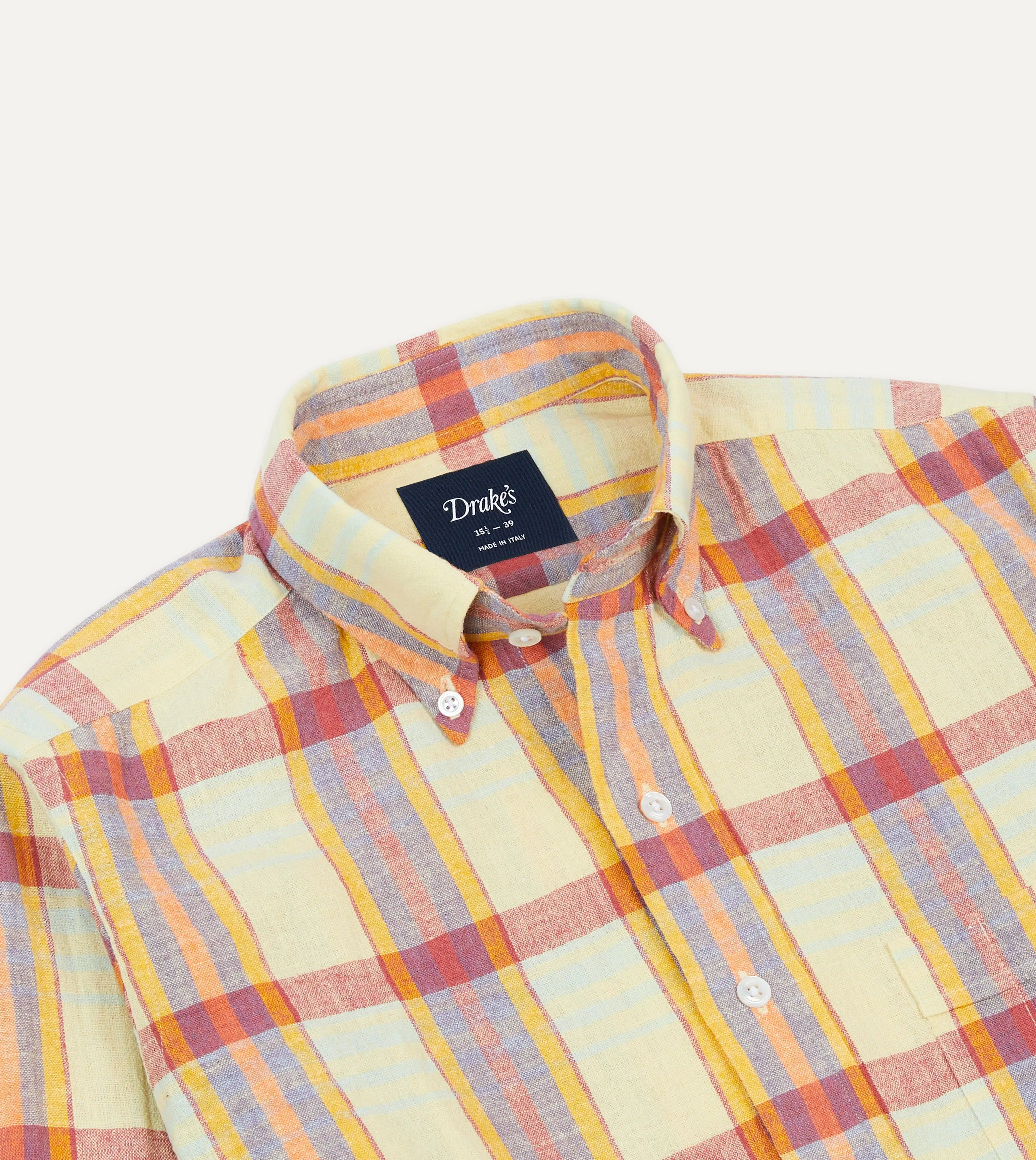 Yellow and Red Madras Check Cotton-Linen Button-Down Shirt Collared monochromatic