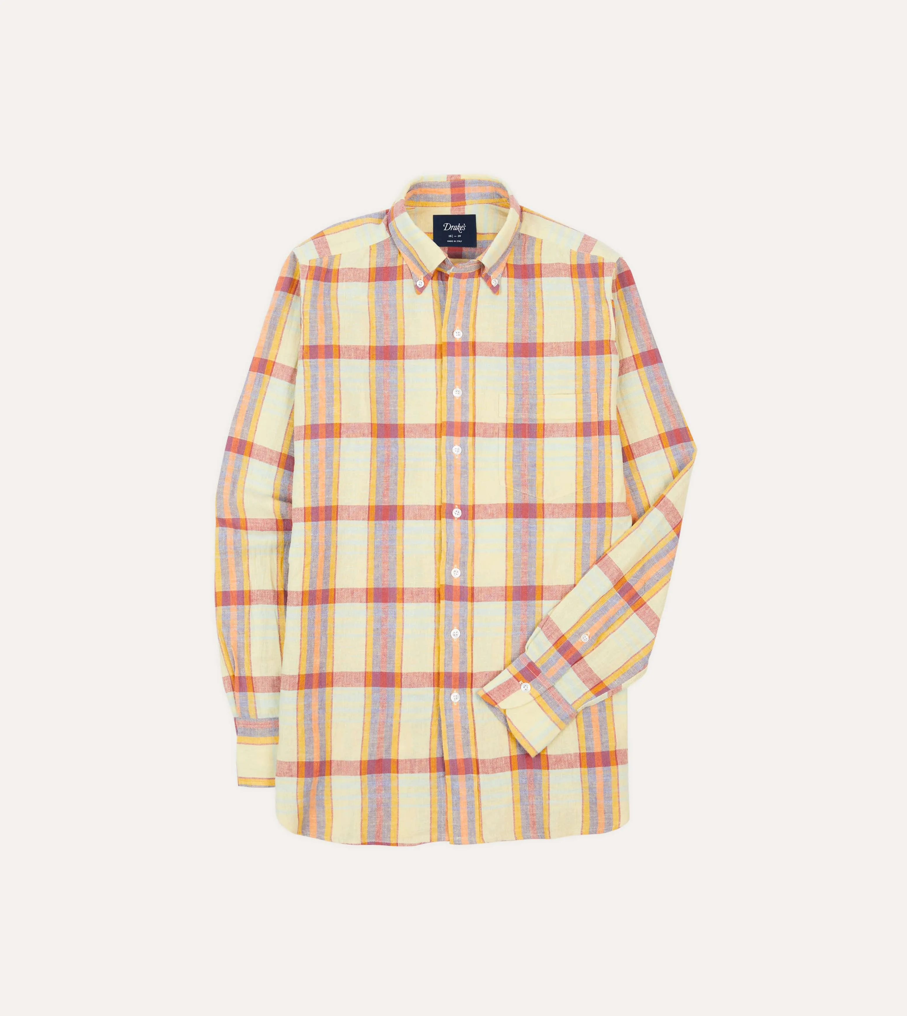 Yellow and Red Madras Check Cotton-Linen Button-Down Shirt Minimalist Style