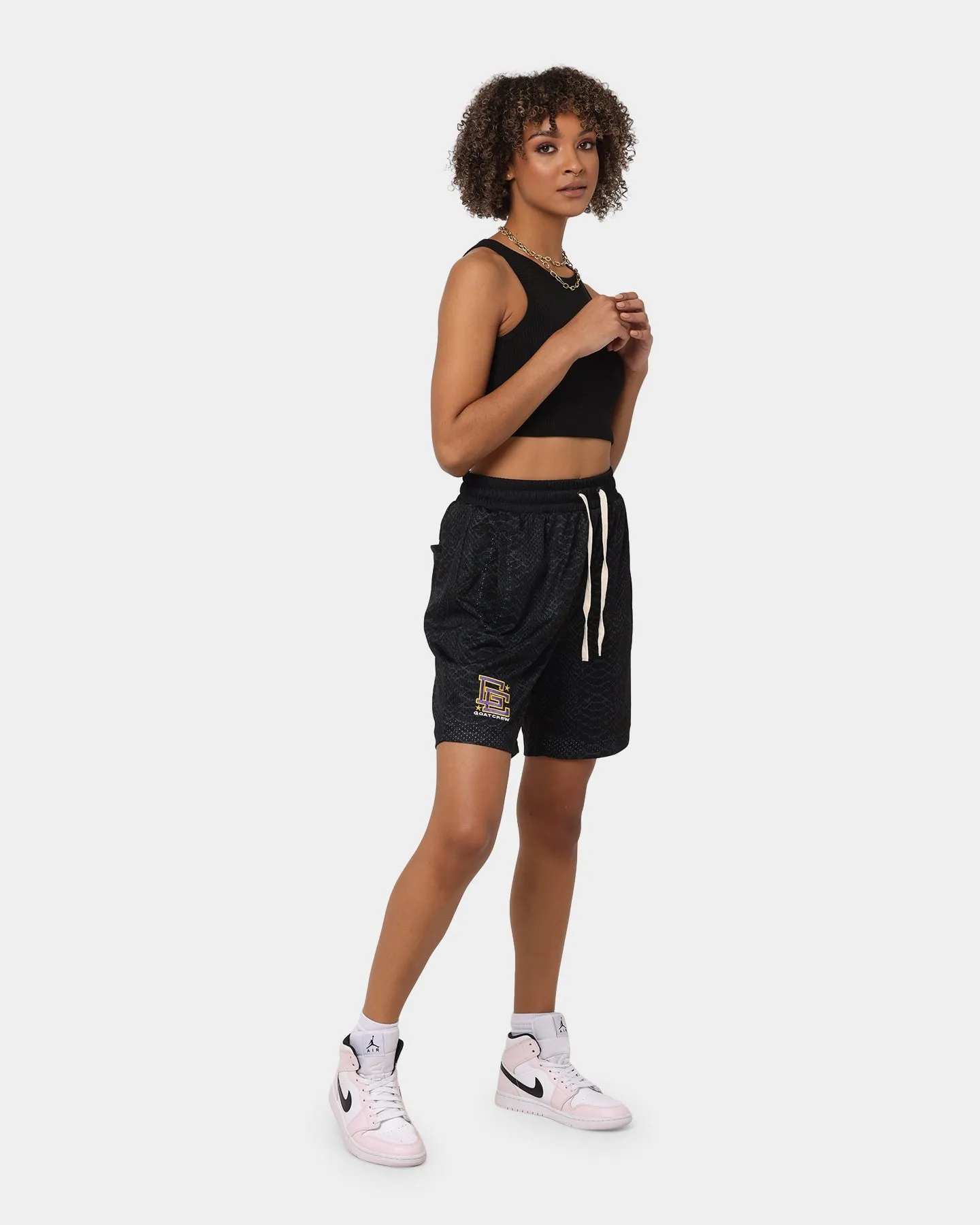 Artisanal Wide Leg Silhouette Goat Crew Serpent Ball Shorts Black