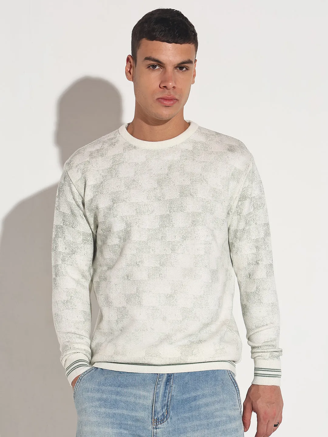 Travel Comforted Men's Geometric White Ribbed Round Neck Sweater