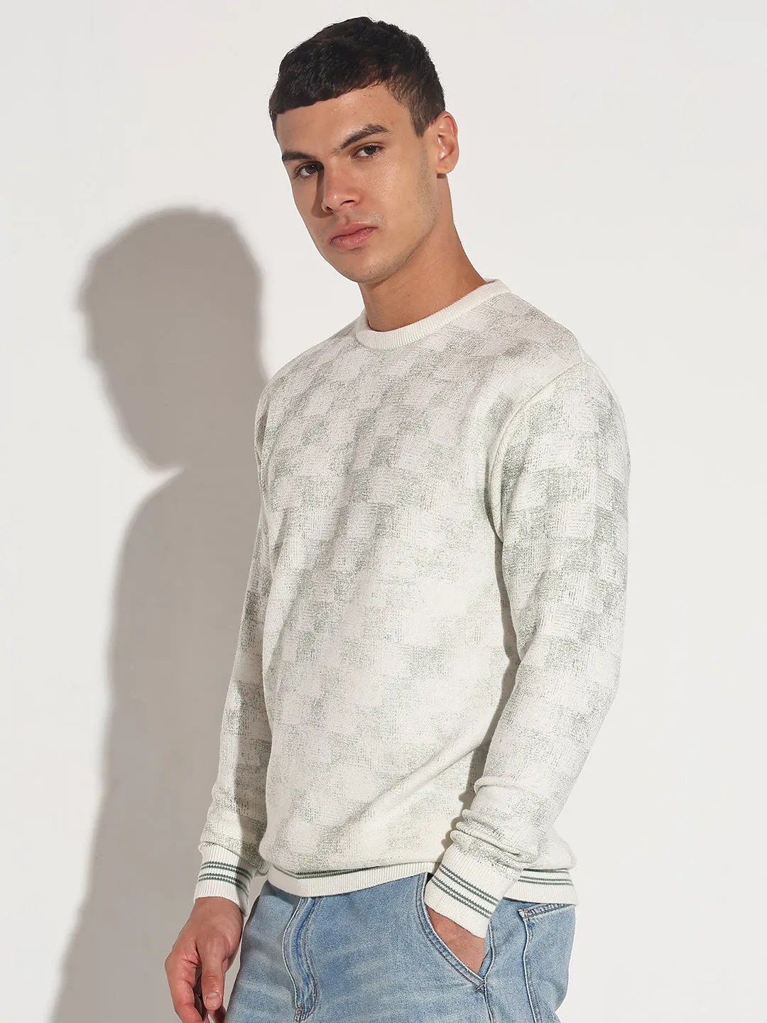 Mood Booster Men's Geometric White Ribbed Round Neck Sweater