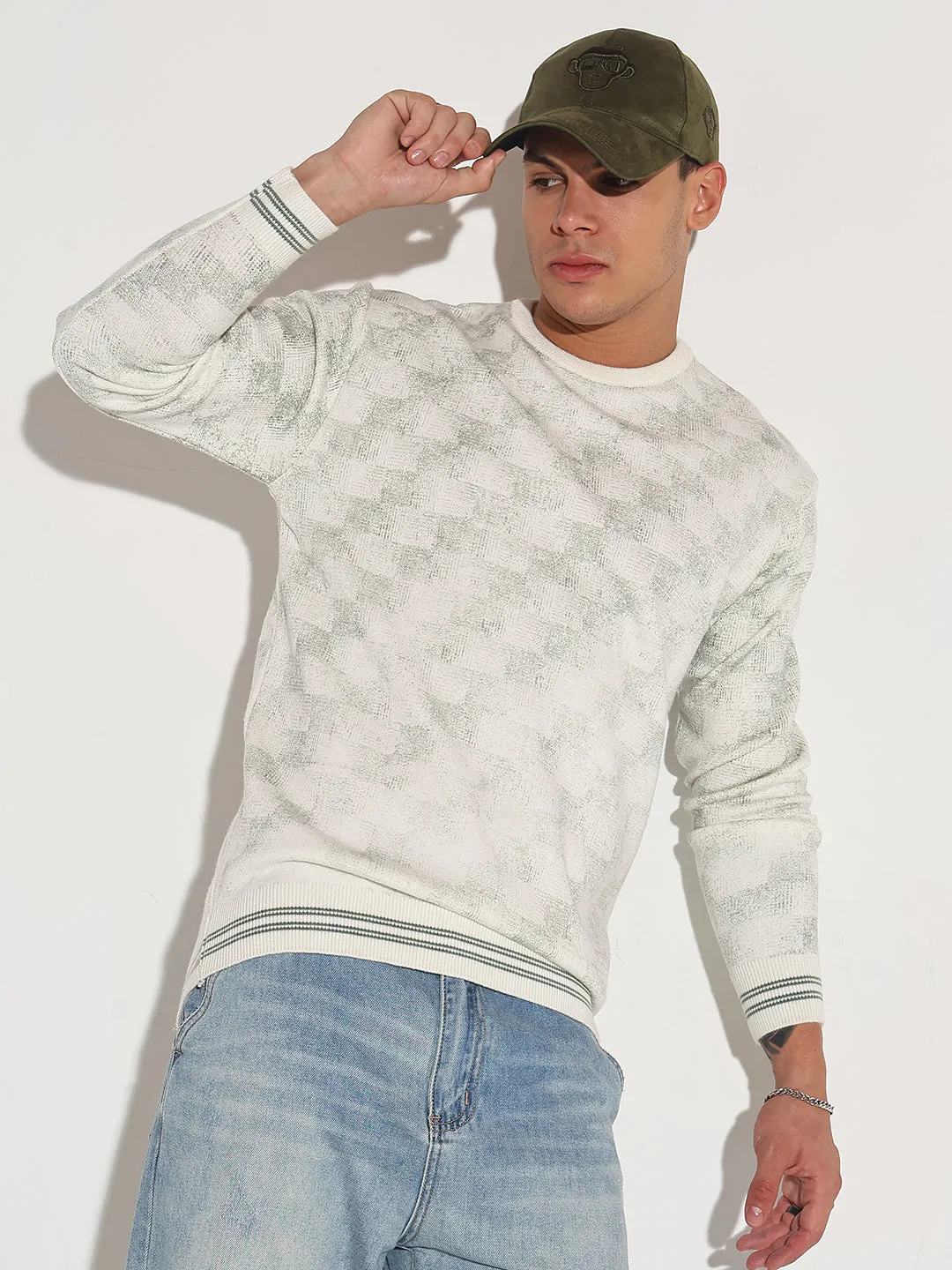 Men's Geometric White Ribbed Round Neck Sweater Lightweight Stretch Fabric Cold Mornings