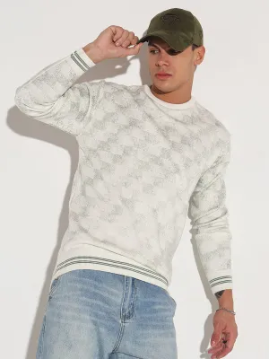 Men's Geometric White Ribbed Round Neck Sweater Lightweight Stretch Fabric Cold Mornings
