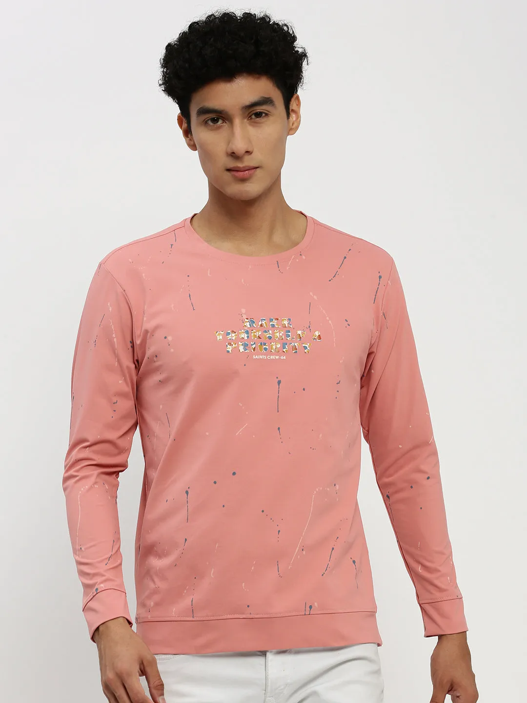 Pullover Trendy Wearable Men's Peach Printed Round Neck Cotton Sweatshirt