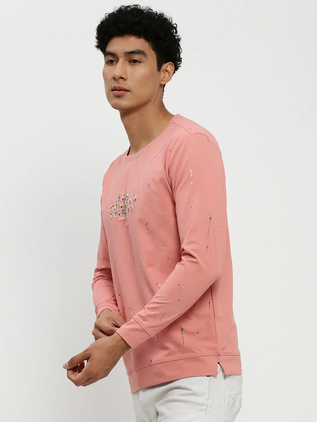 Men's Peach Printed Round Neck Cotton Sweatshirt comfortable for standing