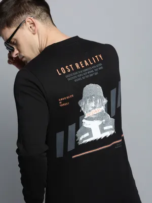 Men's Black Printed Knitted Cotton Sweatshirt Warm Layers hat accents