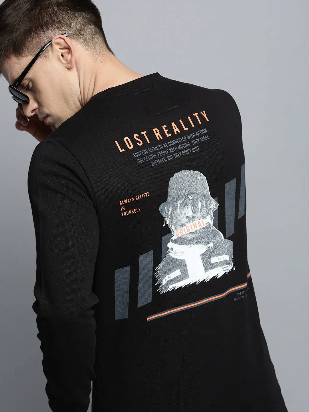 Men's Black Printed Knitted Cotton Sweatshirt Warm Layers hat accents