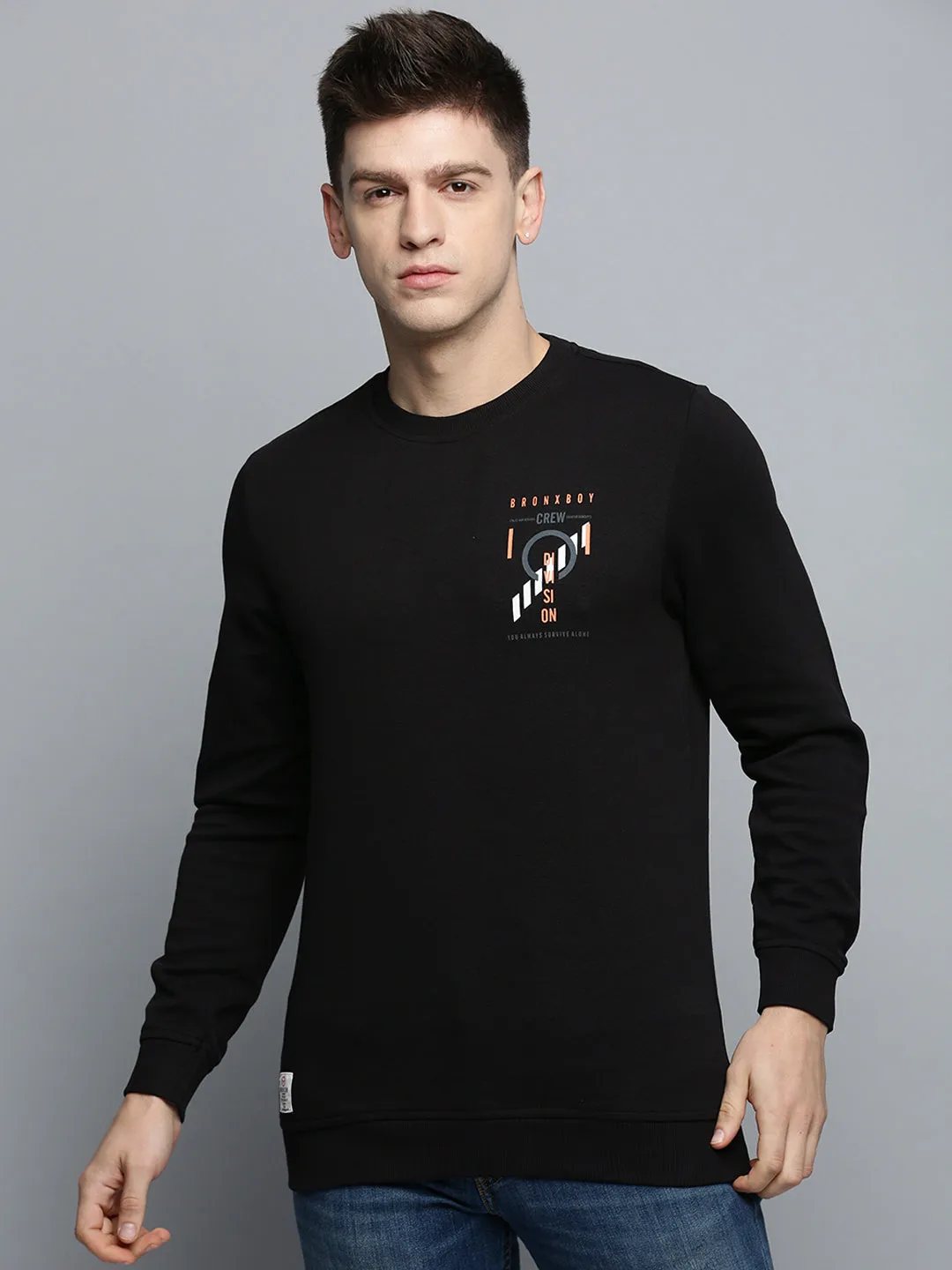 Men's Black Printed Knitted Cotton Sweatshirt product herringbone texture Core Bold