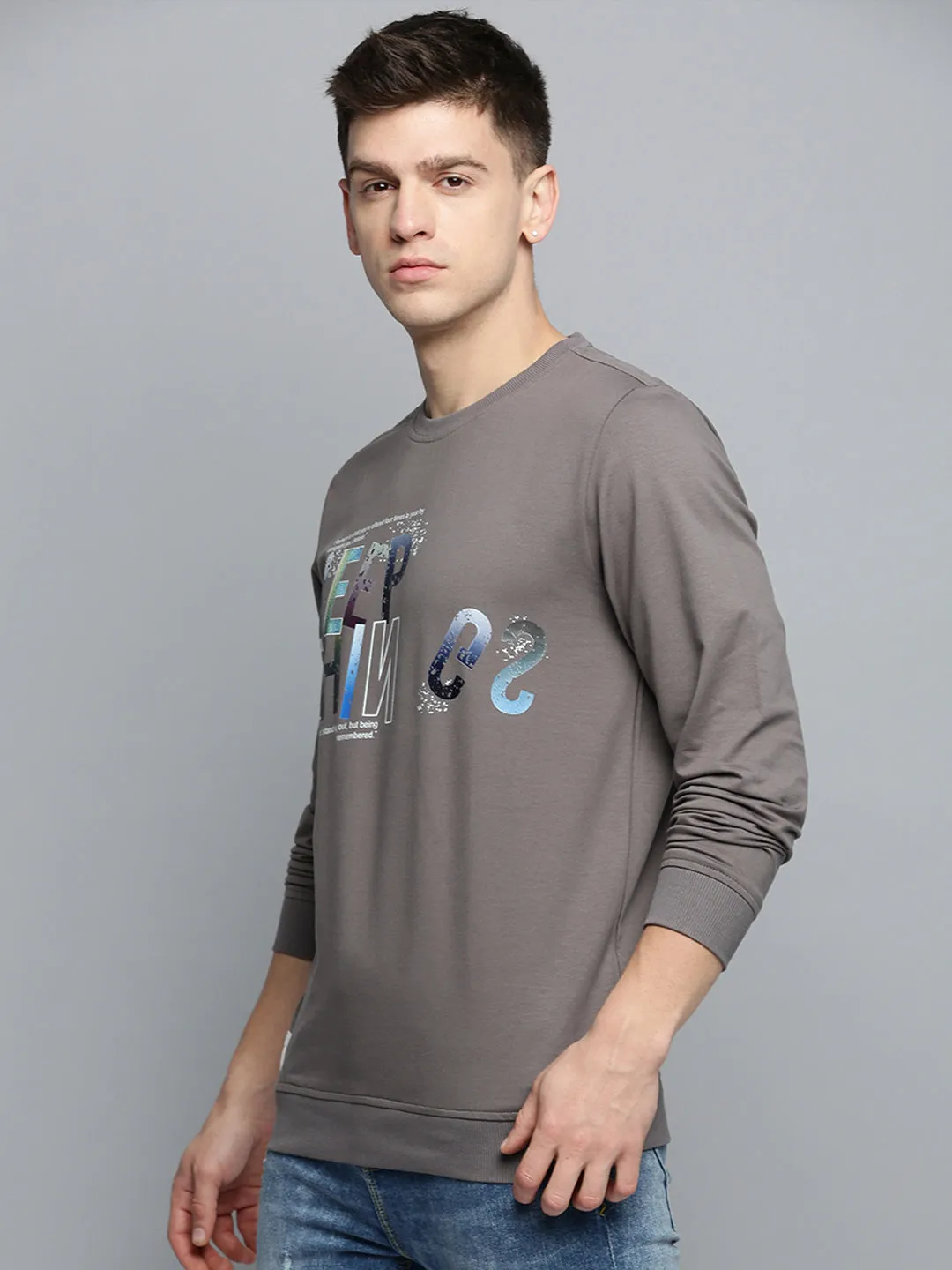 Minimalist Design Men's Grey Typography Printed Sweatshirt